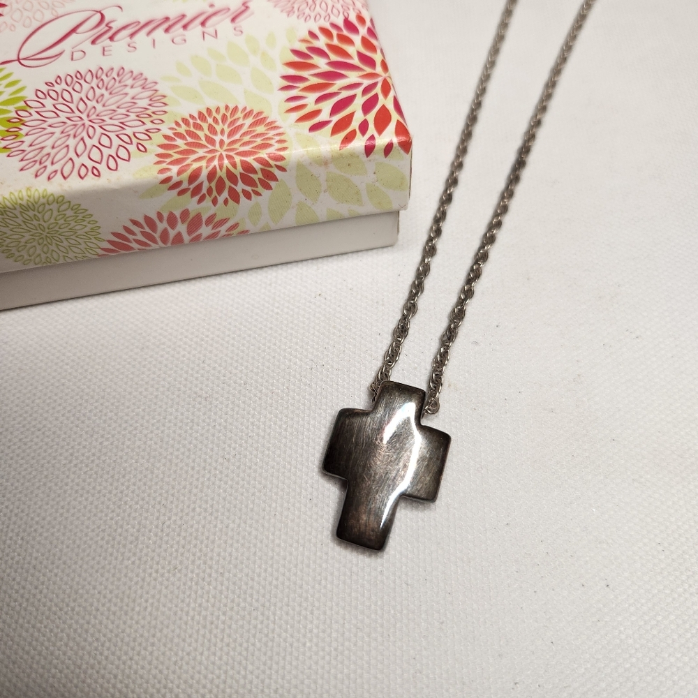 Premier Designs Cross Necklace Silver Tone Religious Vtg In Box Minimalist Mod